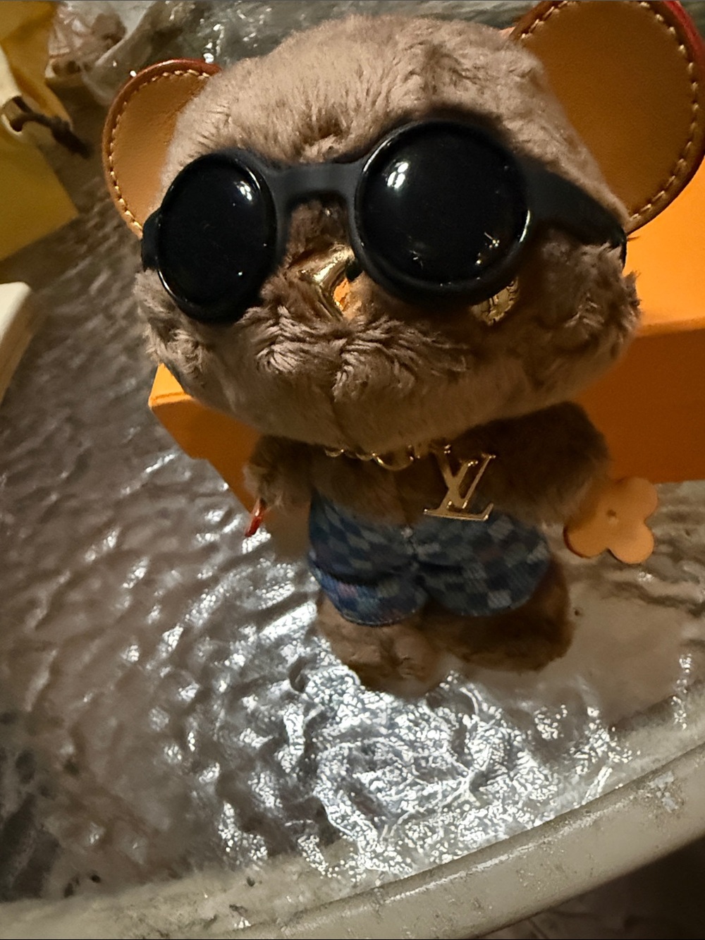 Louis Vuitton Brown Plush Bear Keychain with Blue Plaid Shorts and Black Goggles - Picture 4 of 6